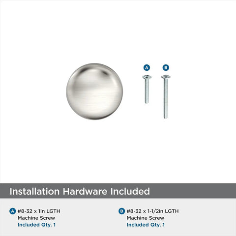 Top Notch Ten Pack Of 1.25 Inch Round Cabinet Knobs With Slick Satin Nickel Coating For Kitchen Drawers Offering A Clean Look And Rock Solid Build Quality That Really Delivers, featuring a satin nickel knob and installation screws.