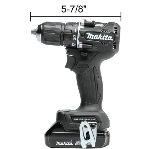 Compact 18V Brushless One Half Inch Cordless Drill Driver Kit For Tight Spaces With Lightweight Ergonomic Grip Under 3 Lbs Sub Compact Design Dual Speed Transmission 0 To 500 And 0 To 1700 RPM Renewed Condition, shown at 5-7/8 inches in length.