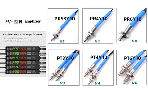 Diffuse Reflective Optical Fiber Sensor Probe For Photoelectric Detection, various models, blue cables, TPV housing, industrial use.