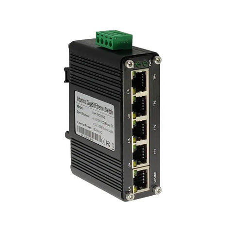 Rugged Industrial 5 Port Gigabit Ethernet Switch for DIN Rail or Wall Mounting, 10/100/1000 Mbps Auto Negotiation