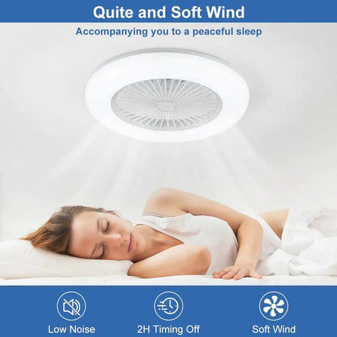 Slick Bladeless Flush Mount Ceiling Fan With Light, 22 Inch, White, overhead view with dim light illuminating a resting person.