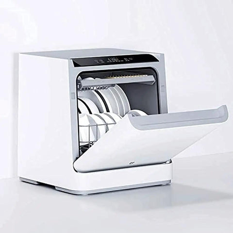 Nifty Countertop Dishwasher, Straight-Up Fast 40 Min Cycle, 5 Wash Options, Stainless Steel Tub, Auto Air Dry, Steam Baby Sanitize, Holds Six Place Settings, Total No Sweat Kitchen Staple with open door and dish rack.