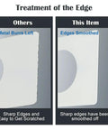 Comparison of edges on door reinforcement plates showing smooth vs sharp finishes on white plates