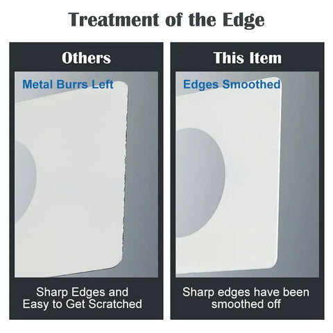 Comparison of edges on door reinforcement plates showing smooth vs sharp finishes on white plates