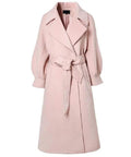 Pink wool blend trench coat with belt and wide sleeves, perfect for stylish layering in cooler weather.