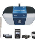 Bulletproof Smart Garage Door Opener With Smooth Belt Drive Plus Reliable Battery Backup, features motor, remote, and battery.