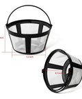 Four Pack Reusable Coffee Filters With Handle For Eight To Twelve Cup Mr Coffee And Black Decker Coffee Makers Eco Friendly Easy Clean Durable Basket Replacement shown in two angles, with measurements for size reference.