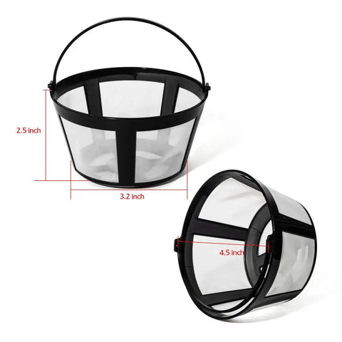 Four Pack Reusable Coffee Filters With Handle For Eight To Twelve Cup Mr Coffee And Black Decker Coffee Makers Eco Friendly Easy Clean Durable Basket Replacement shown in two angles, with measurements for size reference.