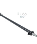 Side view of steel trailer axle beam with idler, end spindle, and mounting hardware