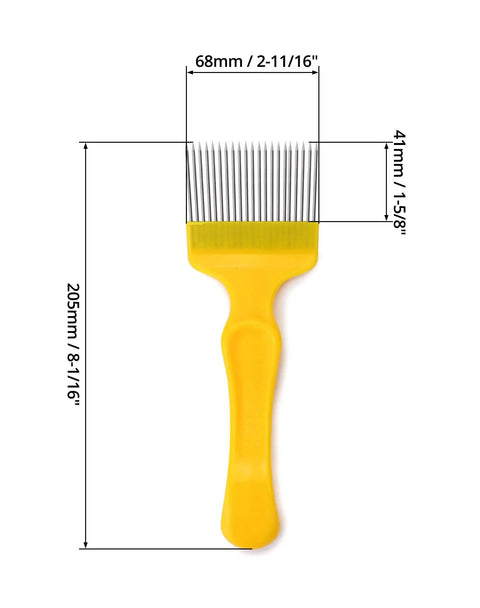 Stainless Steel Beekeeping Uncapping Fork Set 3 Pack With 21 Tooth Tines, yellow plastic handle, and measurement details.