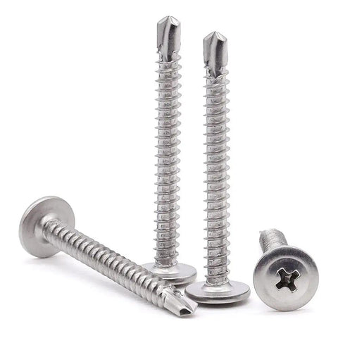 Fifty Pack Of Number 10 By 2 Inch Phillips Wafer Head Self Drilling Screws Crafted From Tough 410 Stainless Steel showing multiple screws.