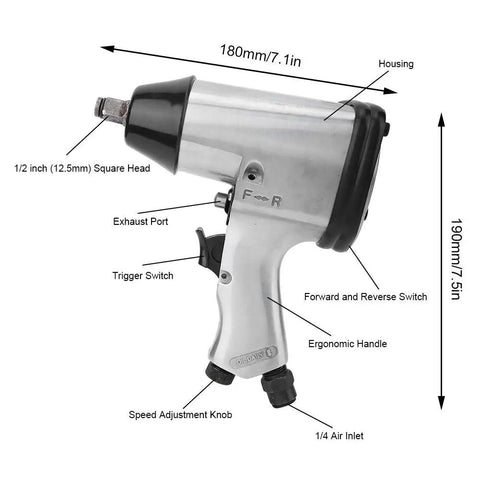 Rugged 1/2 Inch Drive Air Impact Wrench Pumping Out 350 Nm Max Torque with labeled features for easy understanding.