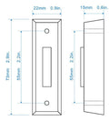 LED Lighted Doorbell Button Push Switch Wall Mounted For Wired Chime Ring Black Finish With Built In LED Glow 9 To 24 VDC Wide Voltage Power Supply Compatible Easy Mounting Durable Button For Home Front Doorbell; dimension diagram 73x22x15mm