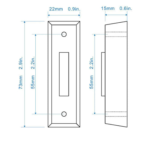 LED Lighted Doorbell Button Push Switch Wall Mounted For Wired Chime Ring Black Finish With Built In LED Glow 9 To 24 VDC Wide Voltage Power Supply Compatible Easy Mounting Durable Button For Home Front Doorbell; dimension diagram 73x22x15mm