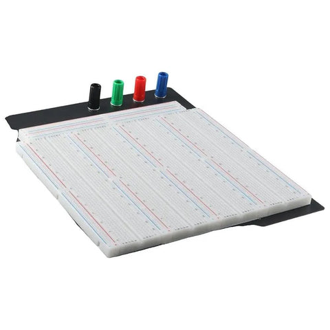 Heavy Duty Solderless Breadboard With 3220 Holes, view of black aluminum back plate and color-coded terminals.