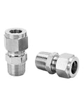 Two 304 stainless steel compression fittings: 1/4 in. tube OD to 1/4 in. NPT male, straight adapters with ferrules.