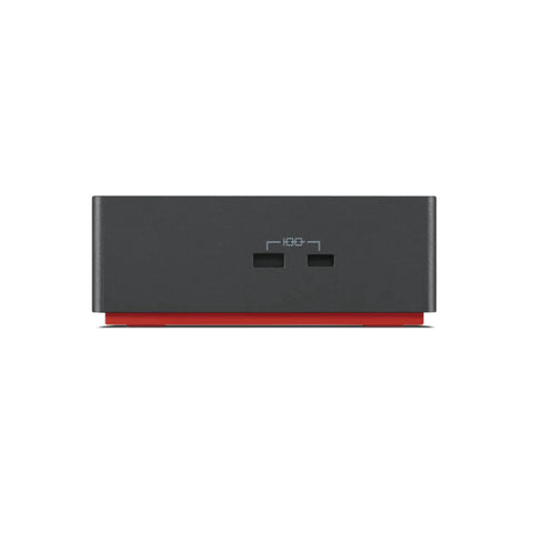 Heavy Duty Thunderbolt 4 Notebook Docking Station With 230 Watt Power Delivery And Matte Black Finish For Work Laptops, side view with red base.