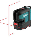 Heavy Duty Cordless Cross Line Laser Level Kit With 12 Volt Battery And Red Beam Self Leveling Tech showing red beams for precision alignment.
