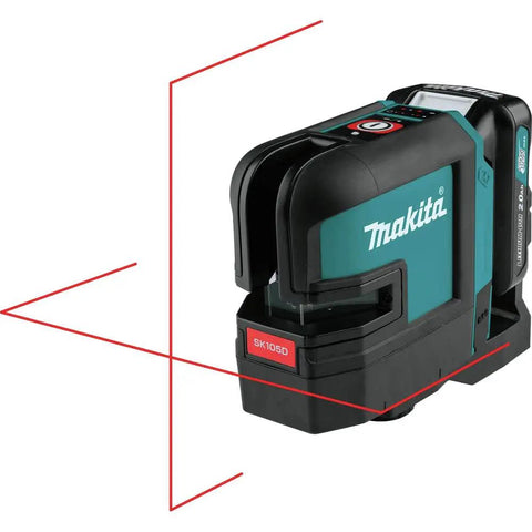 Heavy Duty Cordless Cross Line Laser Level Kit With 12 Volt Battery And Red Beam Self Leveling Tech showing red beams for precision alignment.