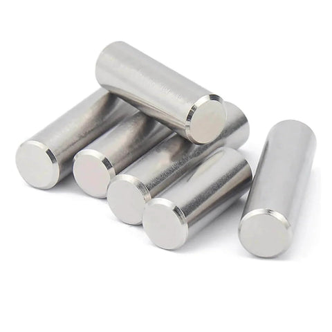 Go To Stainless Steel Dowel Pins, Solid Cylindrical With Smooth Finish And Chamfered Ends For Easy Insertion, Wear Resistant And Durable, 18mm Length, Diameters From M1.5 To M12, Pack Of 5 High Quality Pins shown in a pile.