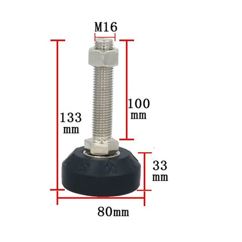 Eight Piece Heavy Duty Adjustable Furniture Leveling Feet With Three Inch Diameter Bases, M16 thread, 80mm diameter, 133mm height.