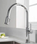 Single Handle Pull-Down Kitchen Faucet With Spot Free Stainless Steel Finish in modern kitchen, Model KPF-1680SFS