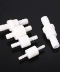 Two Quickun 1/4-inch inline check valves, white plastic hose-barb fittings, ozone-resistant, 2 pcs