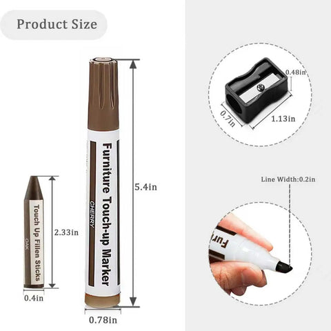 Wood Furniture Scratch Repair Markers And Wax Sticks Touch Up Set With Sharpener size details showing a 5.4in marker and 2.33in wax stick.