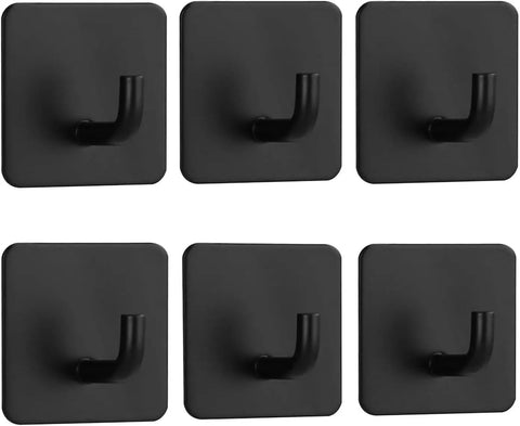 Heavy Duty Adhesive Wall Hooks For Hanging Towels Robes Keys And Clothes In Black 6 Pack Ideal For Bathroom Kitchen Storage No Drilling Mount With Sticky Backing