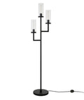 Three Light Torchiere Floor Lamp With Glass Shades In Blackened Bronze And Clear Finish, Sleek Modern Standing Lamp With Foot Switch