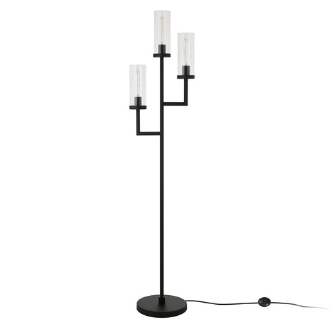Three Light Torchiere Floor Lamp With Glass Shades In Blackened Bronze And Clear Finish, Sleek Modern Standing Lamp With Foot Switch
