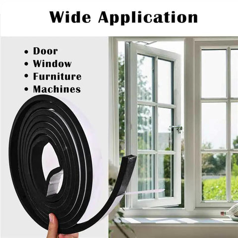 Knock Out Those Pesky Drafts With 1/2 Inch Wide 1/4 Inch Thick Single Sided Foam Tape, Closed Cell Weather Stripping near a window.