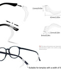 Soft Silicone Eyeglass Ear Hooks 10 Pairs Clear Anti Slip Grips for glasses, shown in various views with dimensions