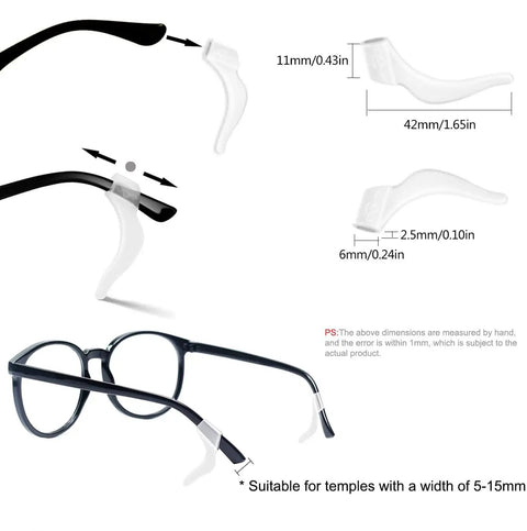 Soft Silicone Eyeglass Ear Hooks 10 Pairs Clear Anti Slip Grips for glasses, shown in various views with dimensions