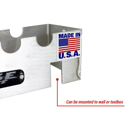 Close-up of T Handle Rack Organizer for Tool Box or Wall Mount Aluminum Wrench Holder, made in USA label visible