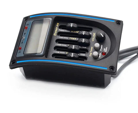 Piezo Acoustic Guitar Pickup With 5 Band EQ Preamp And Digital Tuner LCD Display Volume Control Onboard Blend Bass Mid Treble Controls For Rich Pro Grade Stage Ready Studio Tone, featuring control knobs and sliders.