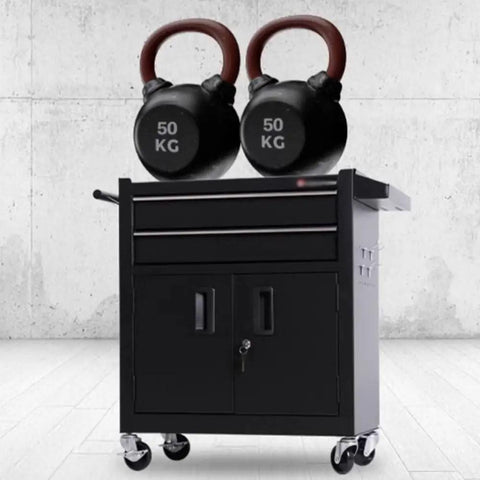 Heavy Duty Portable Tool Box Cart With Double Drawers, Mobile Metal Tool Cabinet For Auto Repair And Garage in black with kettlebells on top.
