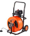Electric Sewer Auger Auto Feed Knocks Out Clogs In Minutes with orange cable reel, foot pedal, and sturdy wheels for maneuverability.