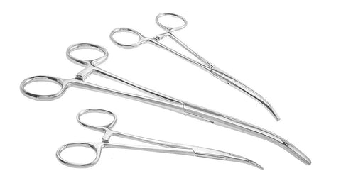 Three Ultimate 6 Piece Hemostat Set versatile locking clamp pliers, straight and curved, on white background, sizes 8, 6.25, 5 inch