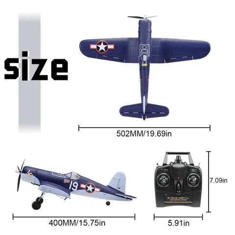 Brushless 4CH RC Plane F4U Corsair Stunt Model 500mm Wingspan with Gyro Stabilization RTF showing size and remote control