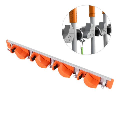 Wall Mounted Broom Holder With Heavy Duty Aluminum Hooks And Sturdy Abs Mounts For Garage Gear Storage And Hassle Free Cleanup Station Easy Install Mop Organizer Shelf Rack System with orange hooks.