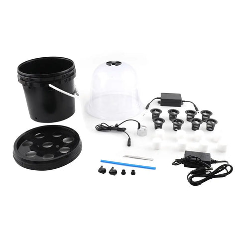 Hydroponics Seedling Cloning System Kit With Fog Dome, 8 Hole 5L Soilless Grow Box, Aeroponic Propagation Kit components on display