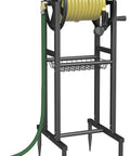 Ground Mount Garden Hose Reel Holds 125 Feet Of Five Eighths Inch Hose With 3.9 Ft Leader Hose And Brass Fitting, black metal frame