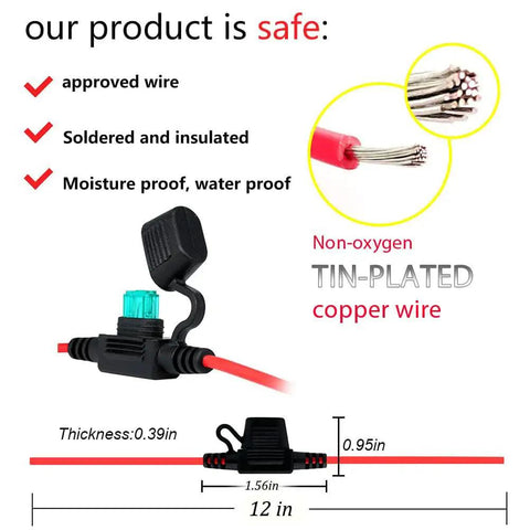 Waterproof Mini Inline Fuse Holder With 16 Gauge Wire 12 Inch Long For Small Blade Fuses, 3 Pack With IP66 Dust And Moisture Protection