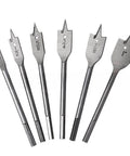 Six-piece steel spade drill bit set with quick-change hex shanks for wood, up to 1 inch.