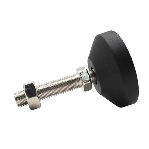 Heavy Duty Adjustable Leveling Feet With Swivel Base Stainless Steel Construction For Furniture And Workshop Gear Built Tough Fits M6 M8 M10 And M12 Sizes Hassle Free Pair with black rubber foot and threaded mount.