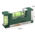 Compact Magnetic Bubble Level 83mm Accuracy for spirit Level for Woodworking Plumbing Metal Surfaces Silver, shown in a green design.