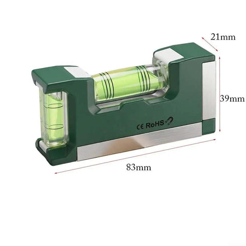 Compact Magnetic Bubble Level 83mm Accuracy for spirit Level for Woodworking Plumbing Metal Surfaces Silver, shown in a green design.