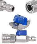 Stainless steel ball valve with blue lever and 3/8 inch quick-connect fittings for 4500 PSI power washer hose.
