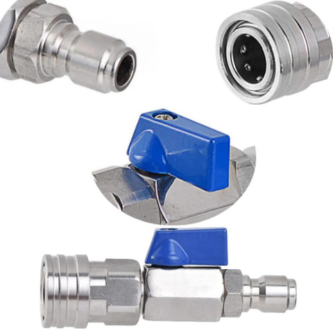 Stainless steel ball valve with blue lever and 3/8 inch quick-connect fittings for 4500 PSI power washer hose.